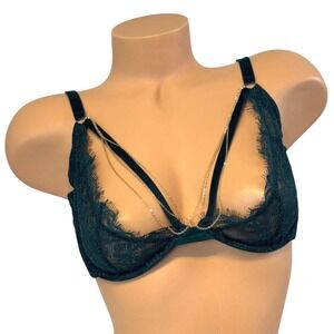 Victoria's Secret Size XL Unlined Lace Up Open Cup Bra Gold‎ Chain Emerald Green